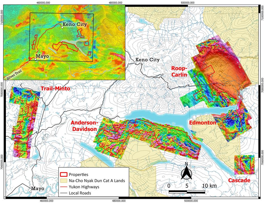 Figure 4. Detailed and regional total magnetic intensity on Mayo Lake Minerals properties. Keno City is in the centre of Keno Hill Silver District, which includes Carlin-Roop.