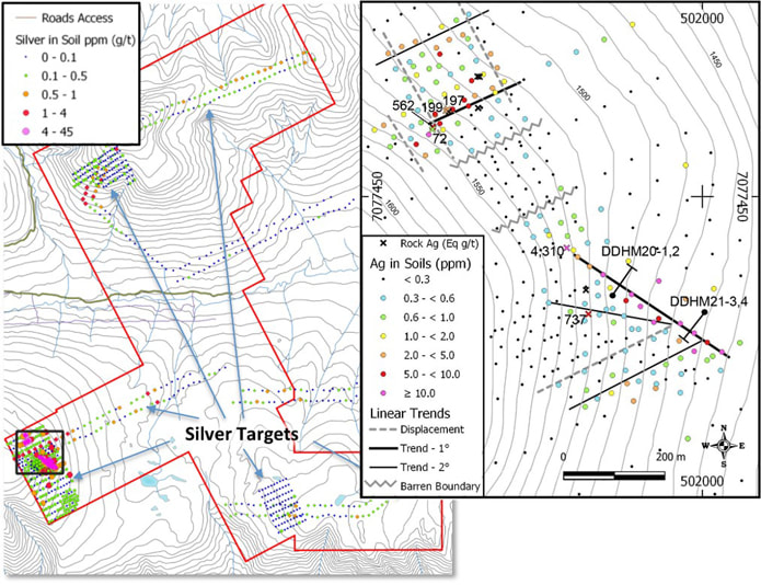 Figure 14b. Silver targets at Carlin West plus Ag in soils, Ag in grab samples, diamond drill hole locations in vicinity of Carlin West. 