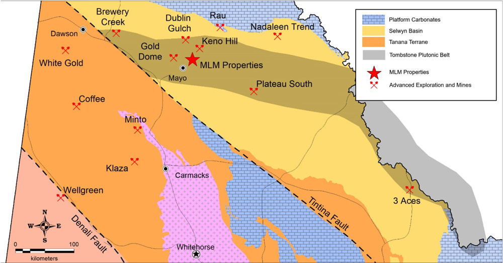 Figure 16. Geology of south-central Yukon with the location of significant deposits and MLM properties.