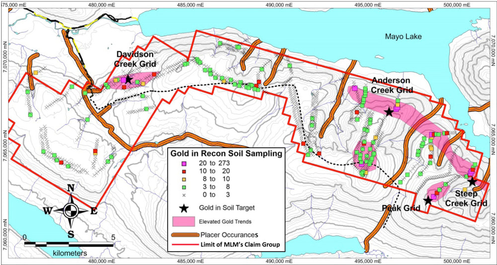  Figure 16. Anderson-Davidson showing major placer operations and significant Au in soil anomalies from reconnaissance sampling that have been grided for identification of drill targets.