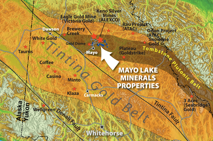 Figure 1. Mayo Lake Minerals properties in the highly prospective plutonic belt, Yukon.