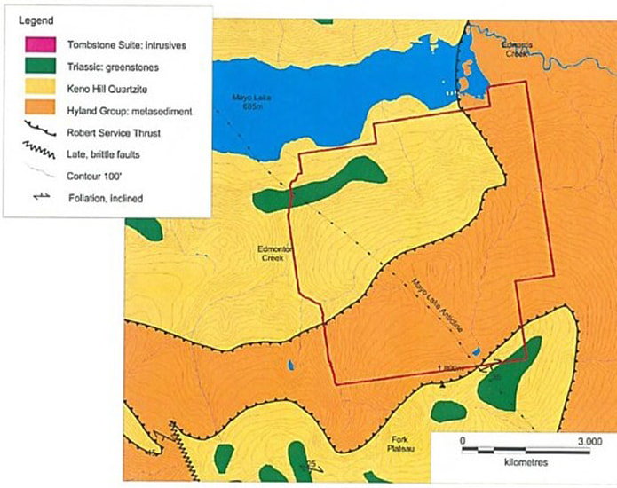 Figure 24. Property geology from Roots 1997 with modifications (original staked and present smaller extent of Edmonton property on figure).