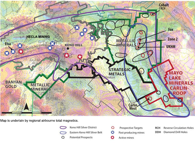 Figure 2. Keno Hill District showing Alexco Resources’ mines, Metallic Minerals’ holdings and prospects and MAYO’s Carlin-Roop and prospect.