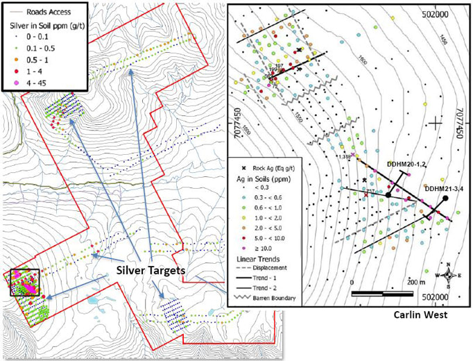 Figure 5. Silver discovery and multiple silver ± gold targets defined at Carlin West.