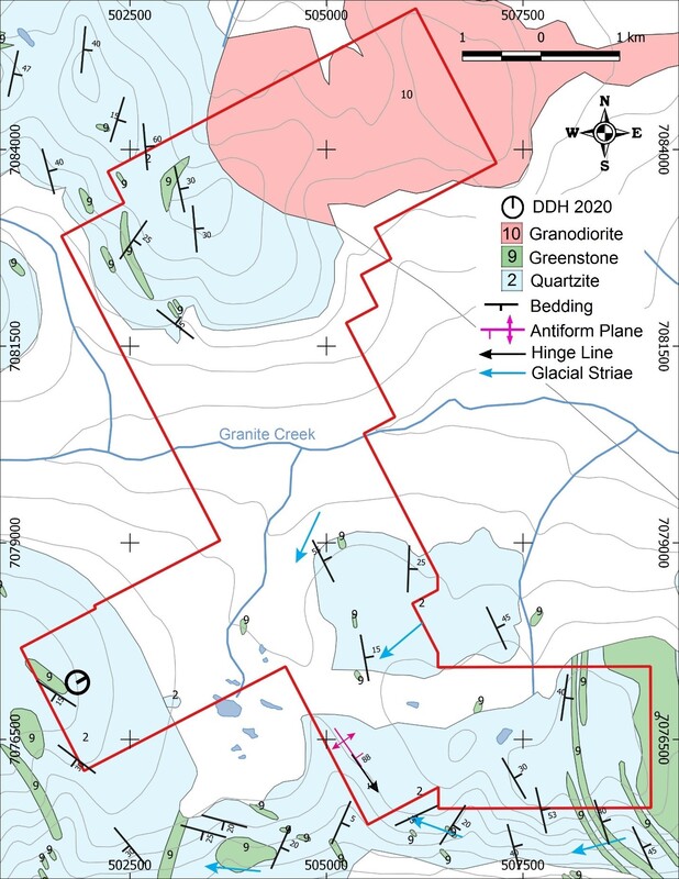 Figure 11. Carlin-Roop Geology (after Boyle 1964 and Green 1970). The Granodiorite is part of the Roop Lake Stock and the Quartzite. is the Keno Hill Quartzite DDH2020 is located at Carlin West. Small outcrops of the Greenstone have not been noted throughout the area mapped as KHQ.